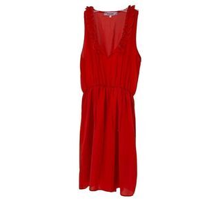Red Fit & Flare Dress Ruffle V Neck Sleeveless Womens Size S Rosebud Knee Length